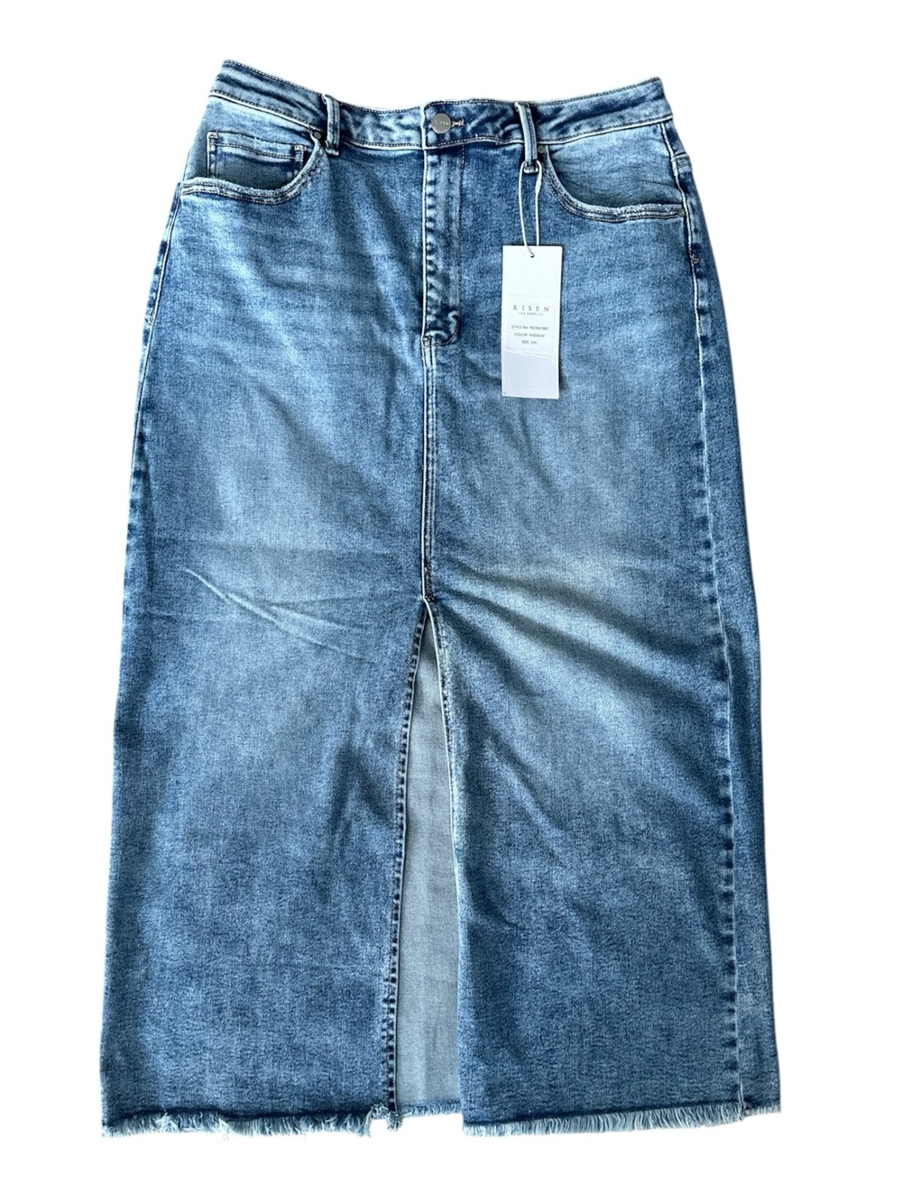 RISEN Jeans Denim Front Slit Midi Skirt Size 1X Frayed Hem Maxi NWT Western